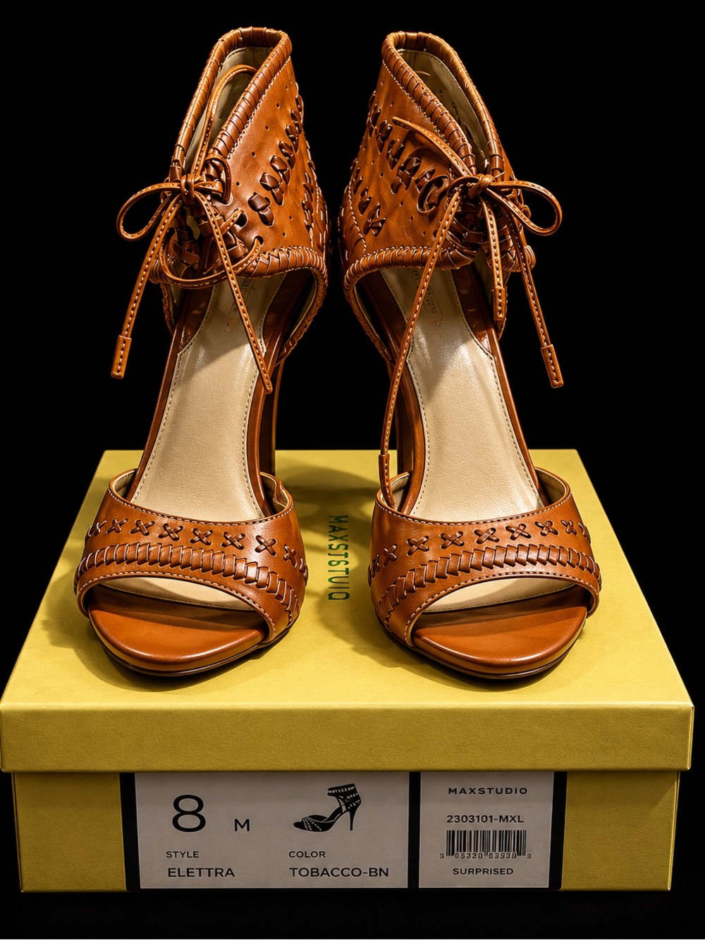 Max Studio Cognac Brown Leather Lace-Up Heeled Sandals